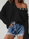 Solid Dolman Long Sleeve Button Hooded Loose Knitted Sweater - Black