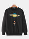 Mens Colorful Planet Print Crew Neck Casual Drop Shoulder Sweatshirts - Black
