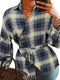 Plaid Knotted Lapel Collar Long Sleeve Shirt For Women - Blue