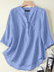 Women Solid Stand Collar Half Button Cotton 3/4 Sleeve Blouse - Blue
