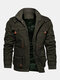 Mens Winter Fleece Warm Detachable Hooded Multi Pockets Casual Cotton Outdoor Jacket - Green