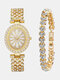 2 Pcs/Set Women Trendy Full Rhinestone Lace Oval-shaped Dial Watch Decorated Pointer Quartz Watch Full Rhinestones Bracelet - Gold