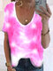 Tie-dye Printed Ombre O-neck Short Sleeve T-shirt - Red