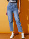 Jeans Casual Casual com Botão de Bolso na Cintura Irregular Jeans - azul