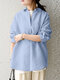 Solid Long Sleeve Lapel Button Down Shirt For Women - Blue
