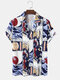 Mens Japanese Style Wave Print Revere Collar Short Sleeve Shirts - Blue