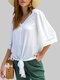 V-neck Hollow Lace Mid-sleeved Shirt Casual Loose Shirt - White