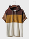 Mens Color Block Patchwork Short Sleeve Drawstring Hooded T-Shirts - Wine Red