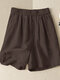 Women Solid Color Cotton Casual Elastic Waist Shorts - Brown