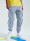 Mens Solid Color Applique Multi Pocket Drawstring Waist Cuffed Cargo Pants - Blue
