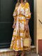 Vintage Print Loose Bishop Half Sleeve Overhead Maxi Dress - Yellow