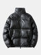 Mens PU Leather Winter Warm Stand Collar Thicken Down Coat - Black
