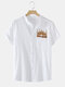 Mens Linen Crease Stand Collar Casual Short Sleeve Shirts With Pattern Pocket - White
