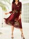 Waistband Calico Print Long Sleeve V-neck Chiffon Dress For Women - Wine Red