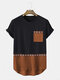 Mens Ethnic Matching Chest Pocket Curved Hem Short Sleeve T-Shirts - Brown