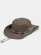 Men Cotton Linen Colorful Stripe Ethnic Pattern Patch Outdoor Sports Sunscreen Bucket Hat - Coffee