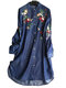 Embroidered Stand Collar Irregular Long Sleeve Vintage Blouse - Dark Blue