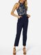 Floral Lace Patchwork Long Sleeveless Casual Jumpsuit for Women - Navy