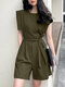Solid Pocket Sleeveless Crew Neck Romper With Belt - Green