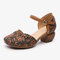 SOCOFY Retro Leather Embossed Floral Buckle Ankle Strap Block Heel D'orsay Pumps - Brown