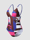 Women Eye Print Contrast Color Deep V Backless One Piece Swimwear - Pink