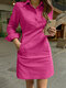 Women Solid Lapel Half Button Casual Long Sleeve Dress - Rose