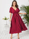 Плюс размер Пуговица с V-образным вырезом Дизайн Короткие рукава Платье - Красное вино