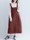 Women Solid Corduroy Pocket Sleeveless Casual Dress - Wine Red