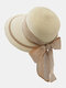 Women Straw Woven Striped Bowknot Silk Scarf Decoration Notch Elegant Casual Straw Hats - Beige