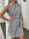 Stripe Print Button Tie-up Sleeveless Lapel Dress For Women - Gray