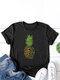 Pineapple Sunflower Printed Letters O-neck Short Sleeve T-shirt - Black