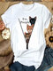 Casual Cartoon Katze Bedrucktes Kurzarm-T-Shirt mit O-Ausschnitt - Weiß