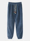 Mens Corduroy Design Cotton Solid Color Drawstring Mid Waist Harem Pants - Blue