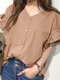Solid Button Ruffle Sleeve V-neck Blouse For Women - Khaki