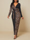 Leopard Printed Long Sleeve V-neck Patchwork Maxi Dress With Belt - Yellow