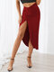 Falda de cintura alta retorcida dividida irregular sólida para Mujer - Vino rojo