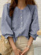Women Plaid Seersucker Button Front Casual 3/4 Sleeve Shirt - Dark Blue