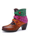 Socofy Casual Color Block Printed Leather Side-zip Comfortable Chunky Heel Short Boots - Multicolor