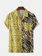 Mens Leopard Print & Zebra Stripe Patchwork African Animal Stripe Short Sleeve Shirt - Yellow