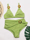 Women Solid Color Ring Trim High Waist Holiday Open Back Bikini - Green