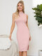 Solid Slit Mock Neck Sleeveless Bodycon Dress For Women - Pink