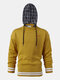 Mens Patchwork Casual Knitted Drawstring Plaid Hooded Sweater - Yellow