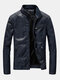 Mens Fashion PU Leather Multi Pockets Long Sleeve Stand Collar Slim Fit Jackets - Dark Blue