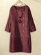 Corduroy Vintage Side Button Crew Neck Pockets Dress - Red