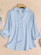 Solid Pocket Button Front Long Sleeve Lapel Denim Shirt - Blue