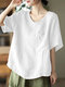 Women Solid Crew Neck Cotton Short Sleeve Loose Blouse - White
