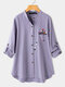 Floral Embroidery Long Sleeve Stand Collar Asymmetrical Blouse For Women - Purple