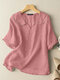 Women Plain Frill Half Sleeve Cotton Casual Blouse - Pink