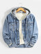 Mens Cotton Button Front Outdoor Stylish Detachable Hooded Denim Jacket With Pocket - Blue