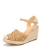Women Casual Breathable Lace Closed Toe Buckle Comfy Espadrille Wedges - Khaki